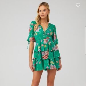 Yumi Kim Ana Floral Smocked Mini Dress Wonderful World Green Womens Size XS